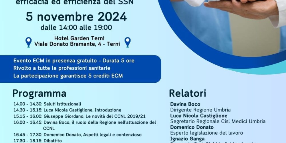A Terni il 5 novembre l&#8217;evento formativo &#8220;Il CCNL 2019/21, un contributo per una maggiore efficacia ed efficienza del SSN&#8221;
